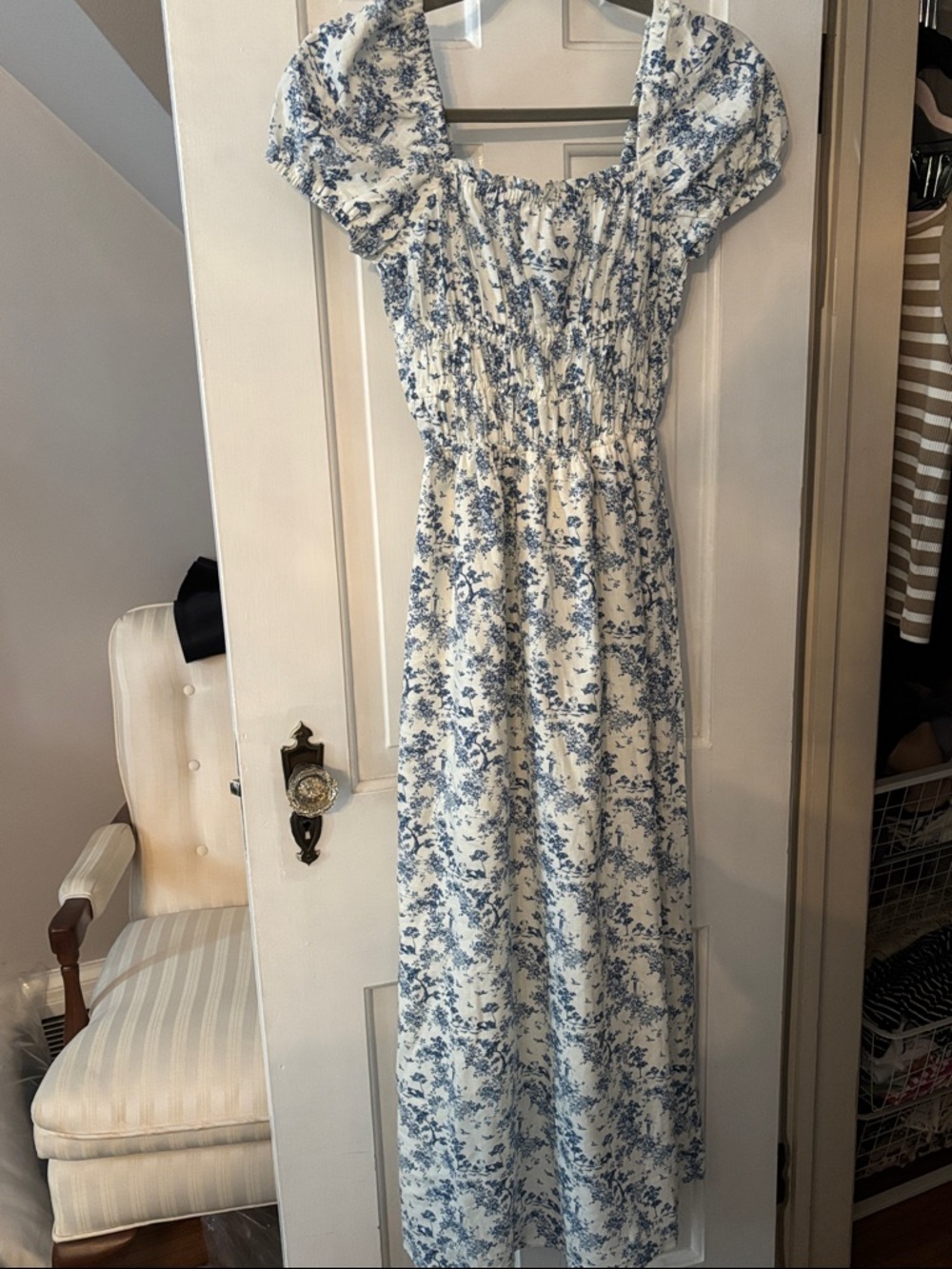 H&M White Maxi Dress with Blue Floral Print